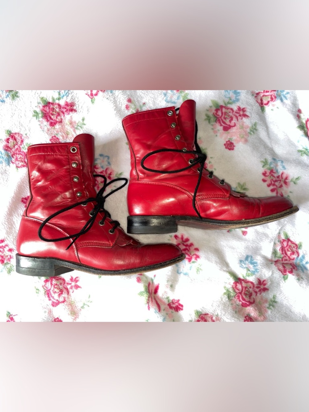 Justin Boots Red Leather fringe Lace-Up Women's roping roper rodeo sz 6.5